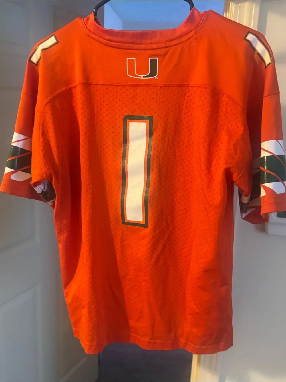 adidas Miami Hurricanes Football Jersey Orange Green White #1 Size L